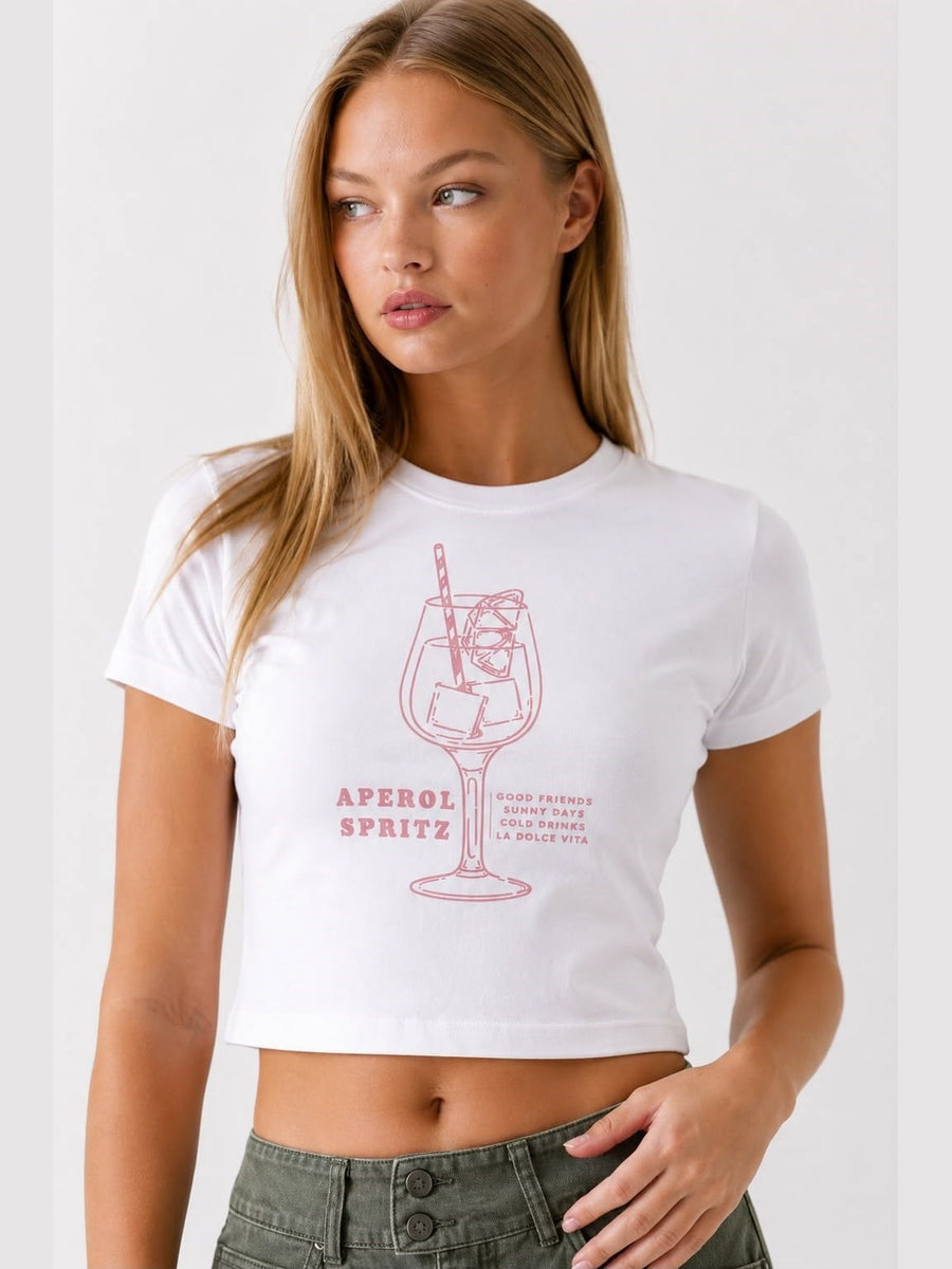 Aperol Spritz Baskılı Crop Tişört - Beyaz - LARWEAR