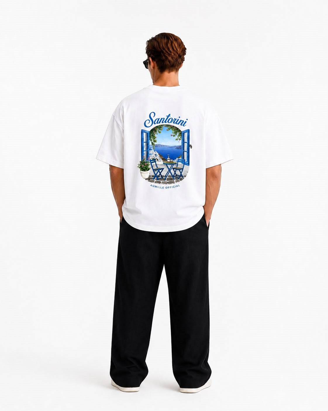 Aumille Santorini Manzara Baskılı Oversize Tişört - Beyaz