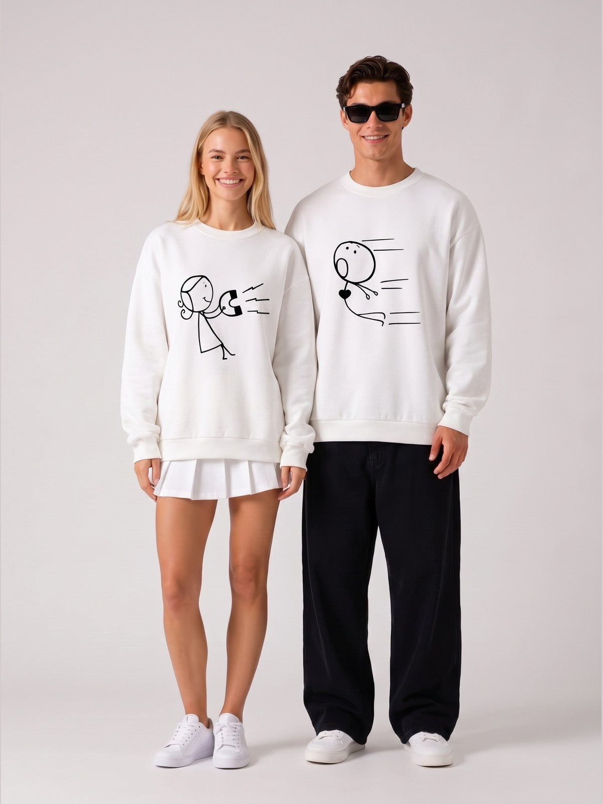 Birbirini Tamamlayan Çizim Baskılı Sevgili/Çift Sweat Seti - Beyaz - LARWEAR