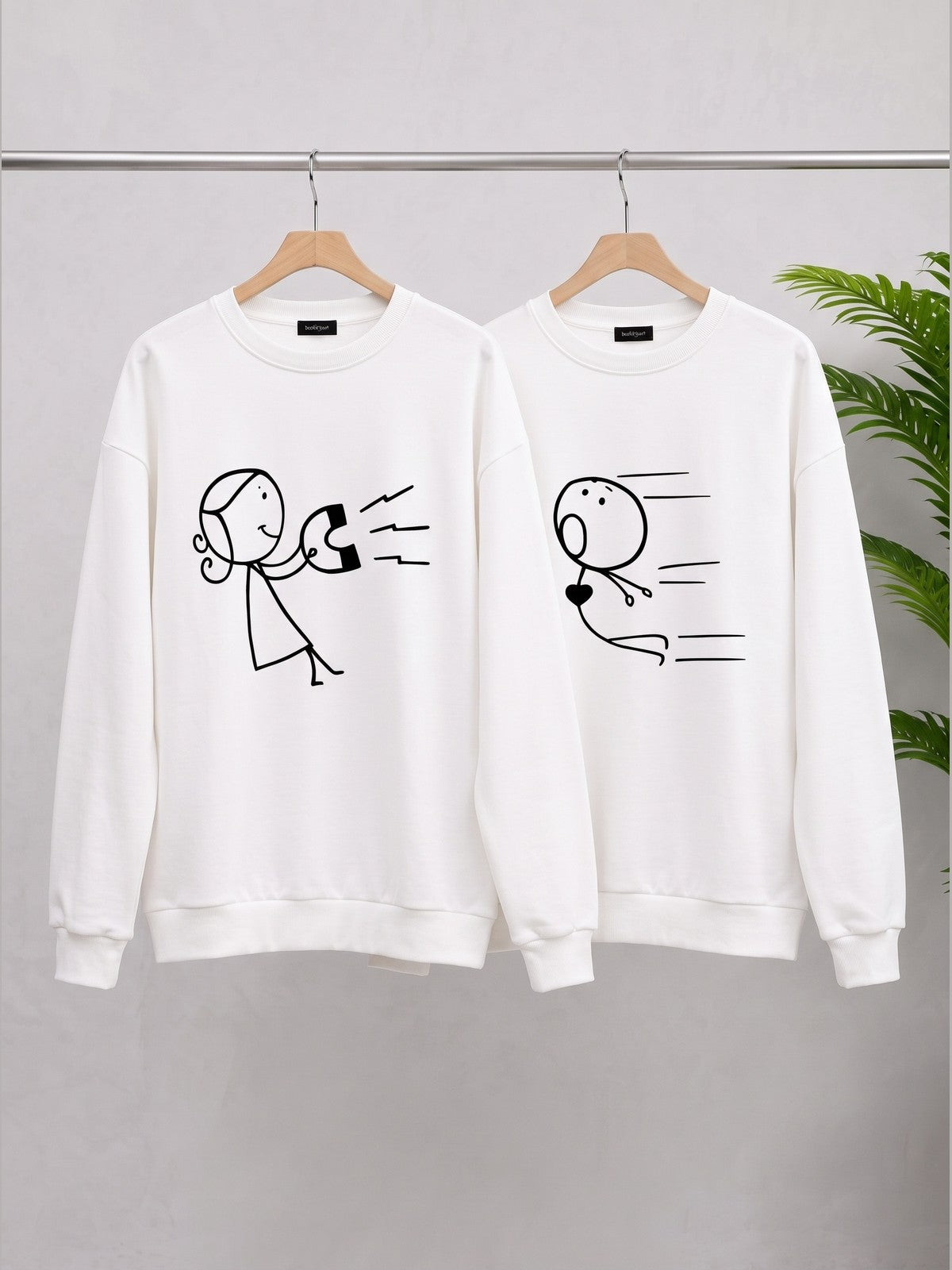 Birbirini Tamamlayan Çizim Baskılı Sevgili/Çift Sweat Seti - Beyaz - LARWEAR 2