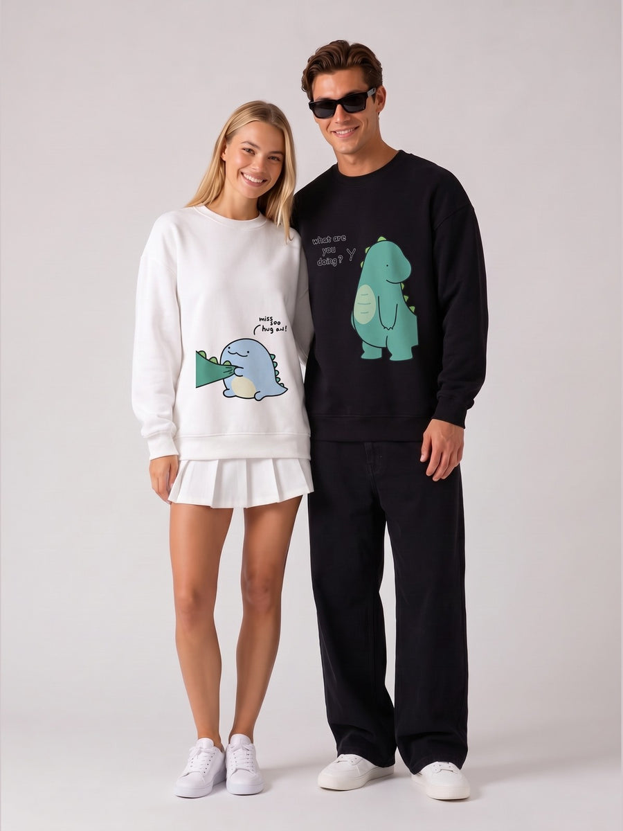 Cute Dinozor Baskılı Sevgili/Çift Sweat Seti - Siyah Beyaz - LARWEAR
