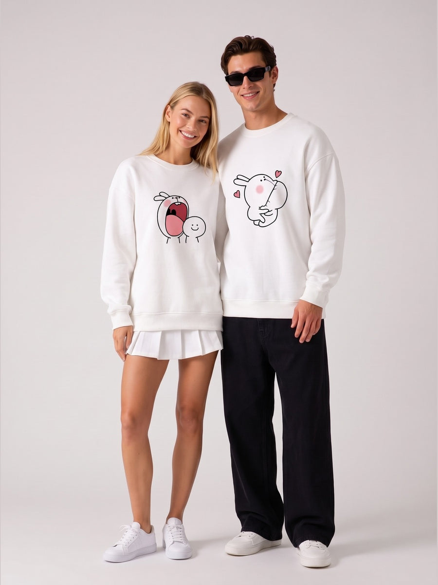Cute Tavşan Baskılı Sevgili/Çift Sweat Seti - Beyaz - LARWEAR