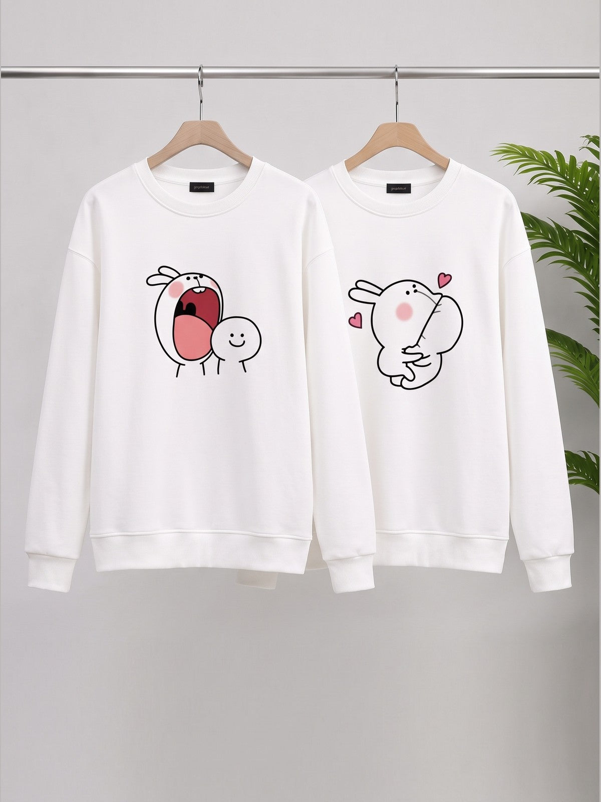 Cute Tavşan Baskılı Sevgili/Çift Sweat Seti - Beyaz - LARWEAR 2