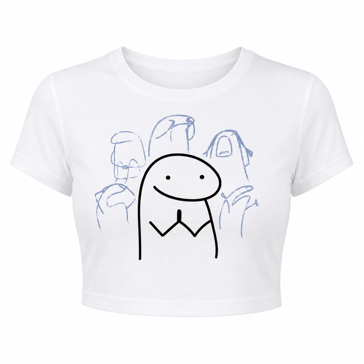 Doodle Gülen Figür Baskılı Crop Tişört - Beyaz