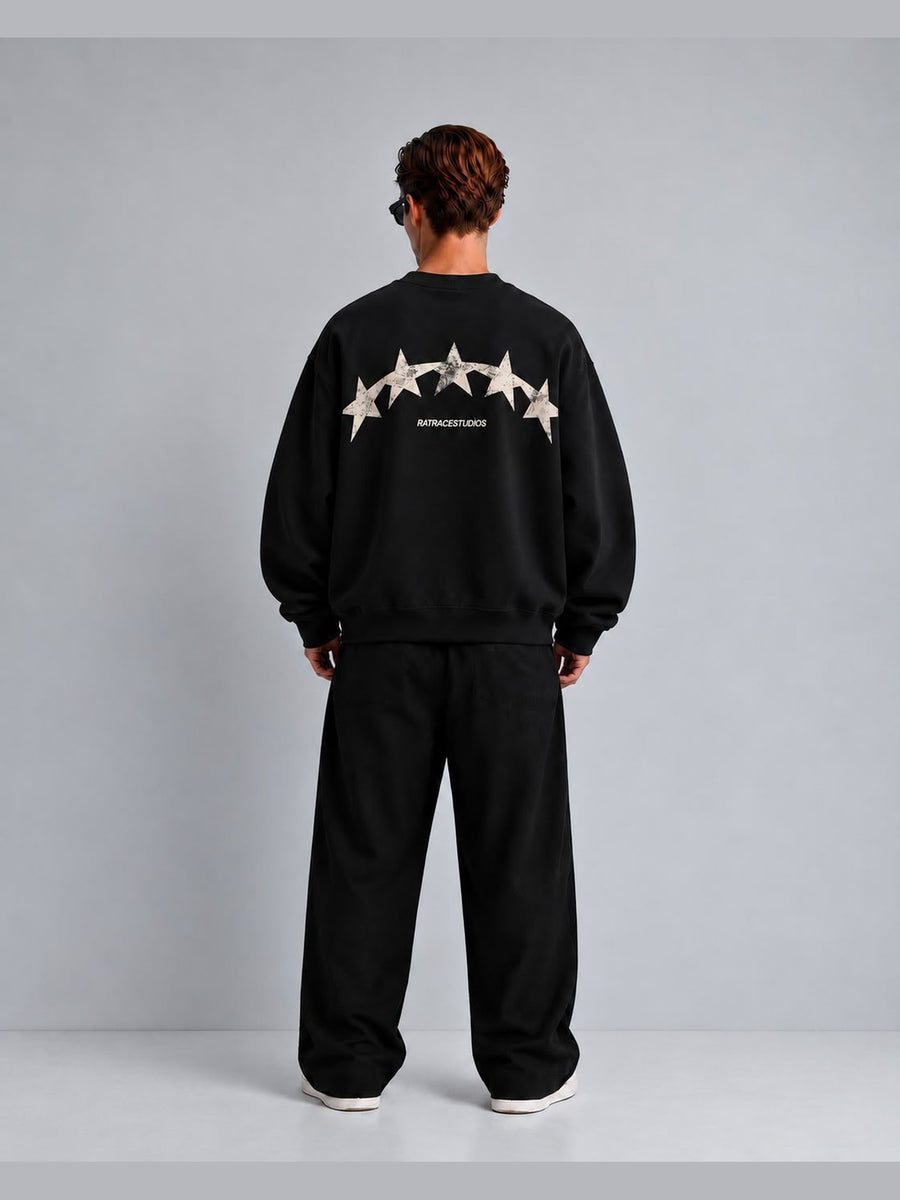 Five Star Yıldız Baskılı Oversize Sweat - Siyah - LARWEAR
