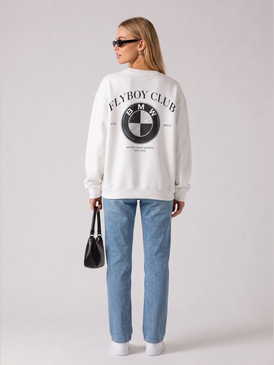 Flyboy Club Amblem Baskılı Kadın Oversize Sweat - Beyaz - LARWEAR manken