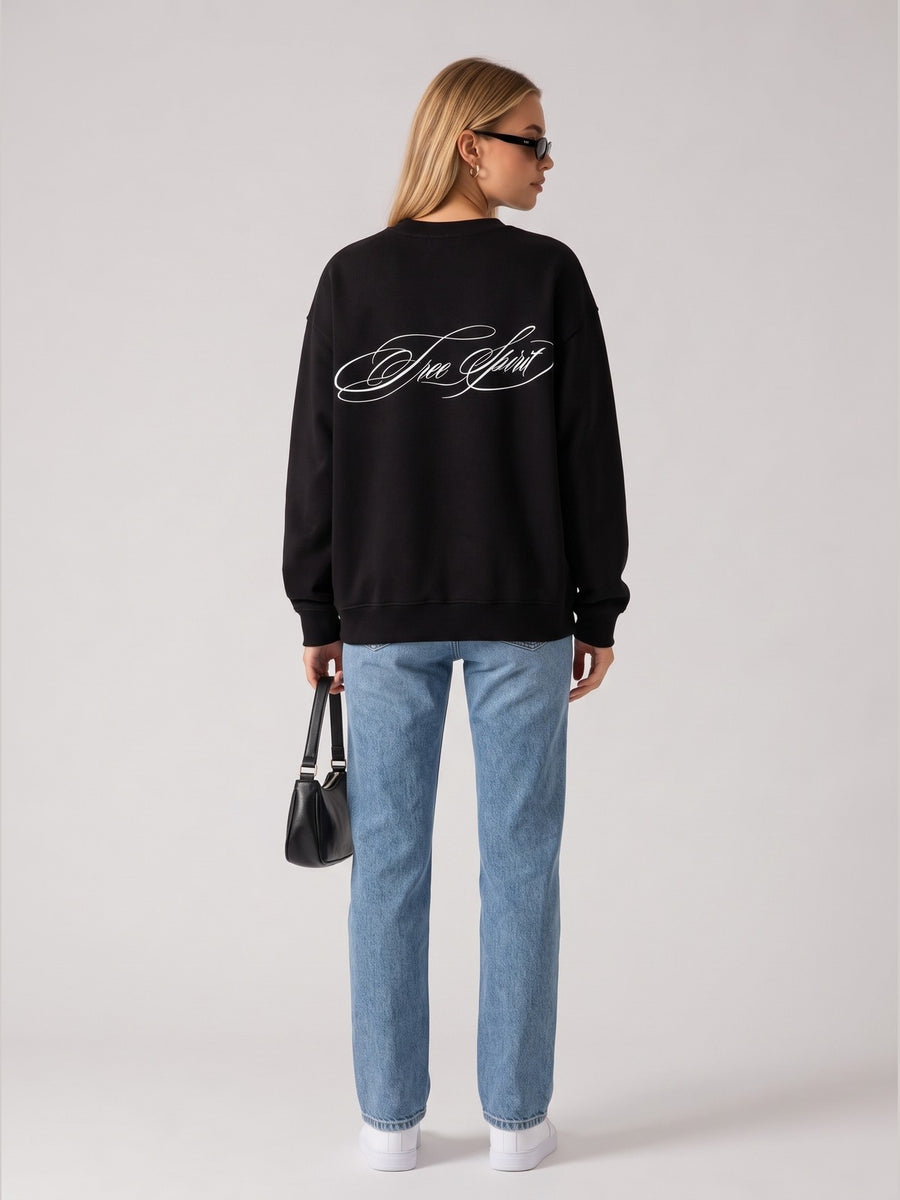 Free Spirit El Yazısı Baskılı Kadın Oversize Sweat - Siyah - LARWEAR manken