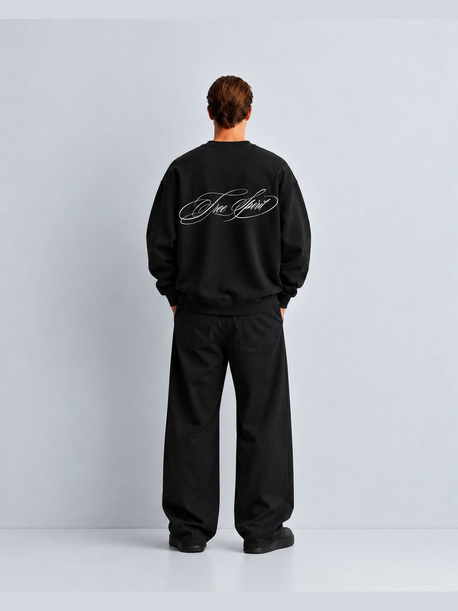 Free Spirit El Yazısı Baskılı Oversize Sweat - Siyah - LARWEAR