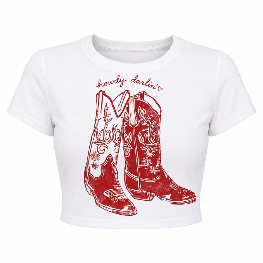 Howdy Darlin' Kovboy Çizme Baskılı Crop Tişört - Beyaz
