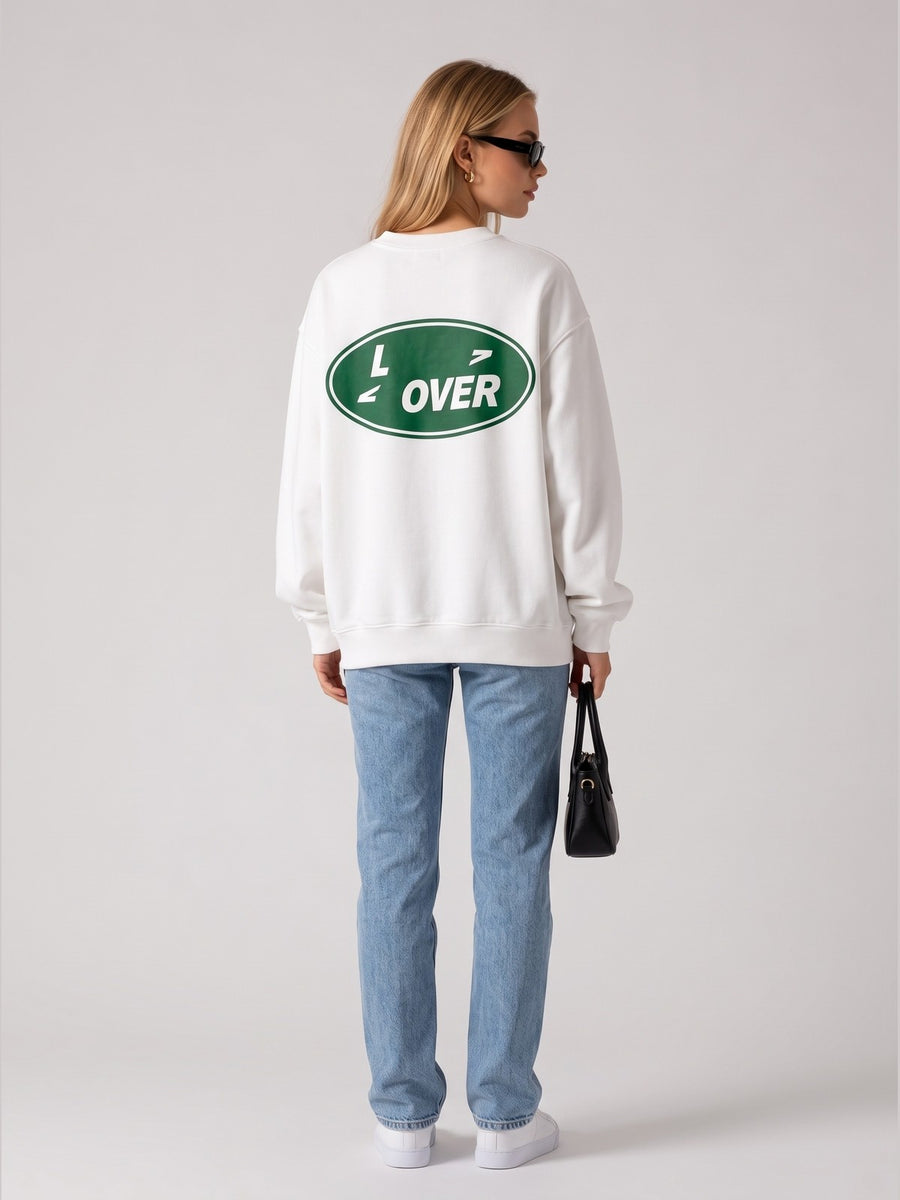 L-Over Oval Logo Baskılı Kadın Oversize Sweat - Beyaz - LARWEAR manken