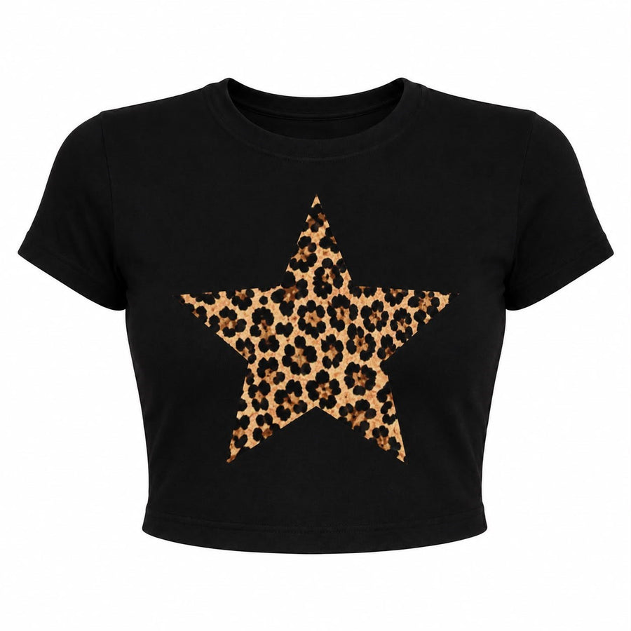 Leopar Yıldız Baskılı Crop Tişört - Siyah