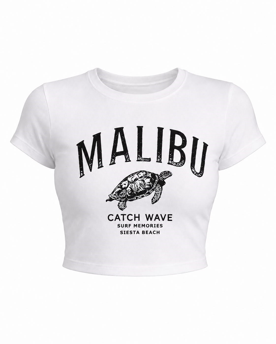 Malibu Kaplumbağa Baskılı Crop Tişört - Beyaz