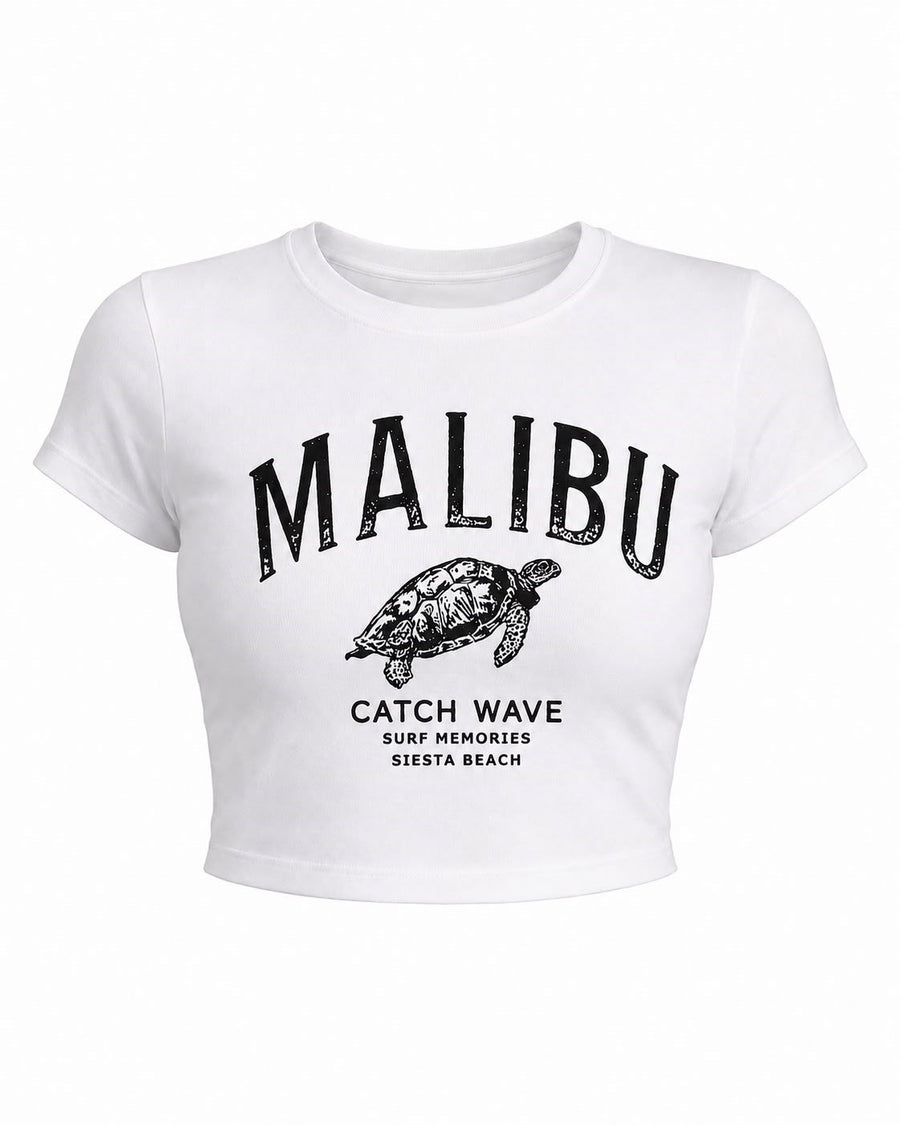 Malibu Kaplumbağa Baskılı Crop Tişört - Beyaz