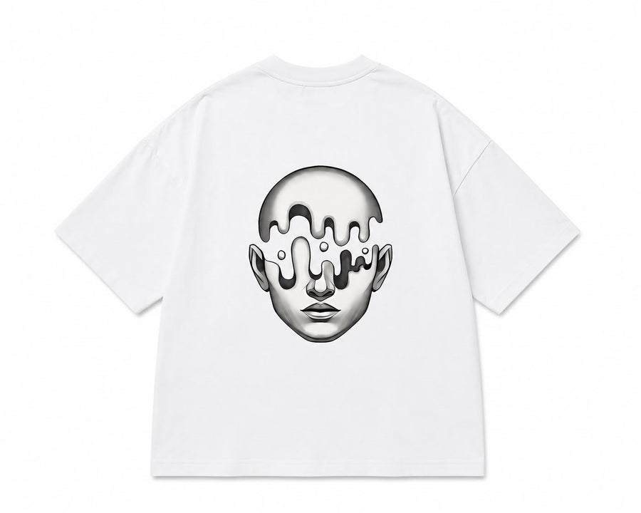 Metalik Melting Face Baskılı Drop Shoulder Oversize Tişört - Beyaz
