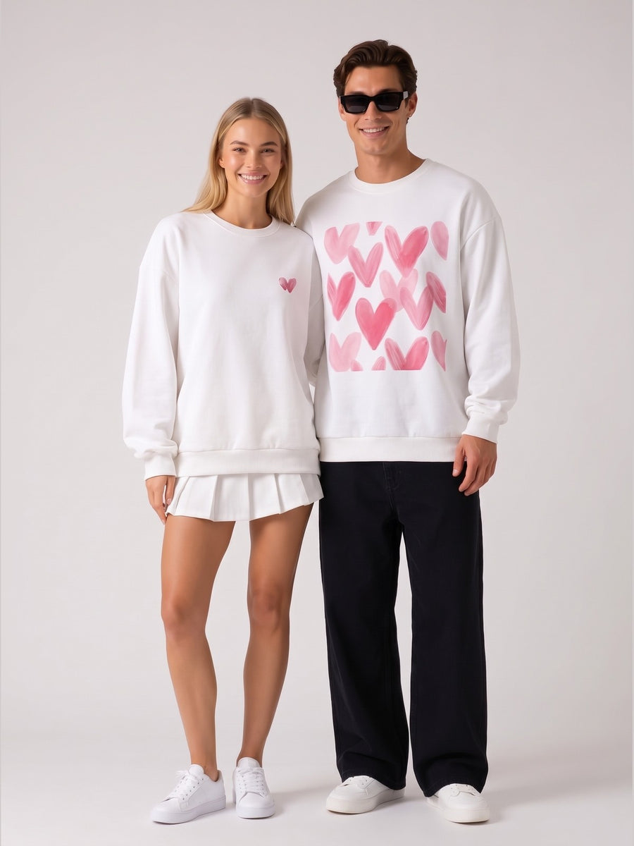 Pembe Kalp Baskılı Sevgili/Çift Sweat Seti - Beyaz - LARWEAR