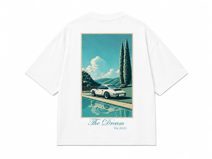 The Dream Vintage Araba Baskılı Oversize Tişört - Beyaz