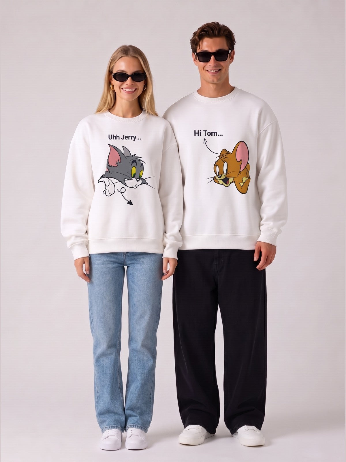 Uhh Jerry & Hi Tom Baskılı Sevgili/Arkadaş Sweat Seti - Beyaz - LARWEAR manken